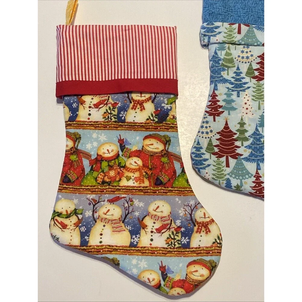 Handmade Christmas Stockings 12” Lot Of 2 Snowman And Decorated Holiday Trees